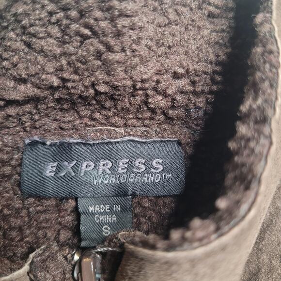 Express Jacket Women Small Brown Suede Leather Sherpa Lined Zip Stand Collar 90s - Picture 9 of 13